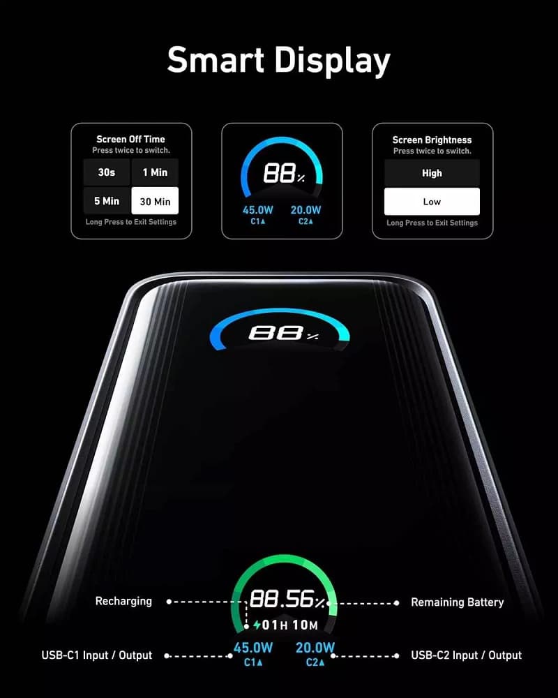 پاوربانک 9600 و شارژر دیواری انکر Anker A1339 Prime Power Bank توان 65 وات همراه با کابل متصل — تصویر ۱۱