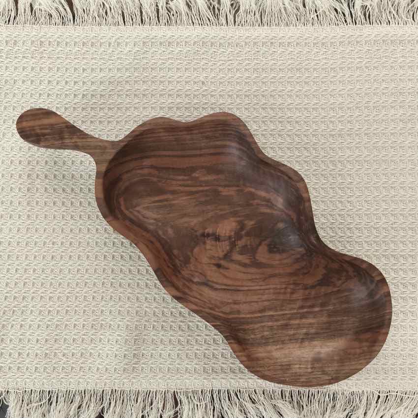ظرف چوبی دفرمه، ظرف چوبی دفرمه دست ساز، ظرف چوبی دفرمه دسته دار چوب گردو، ظرف پذیرایی چوبی دست ساز، ظرف چوبی آجیل چوب گردو کد 196 — تصویر ۸