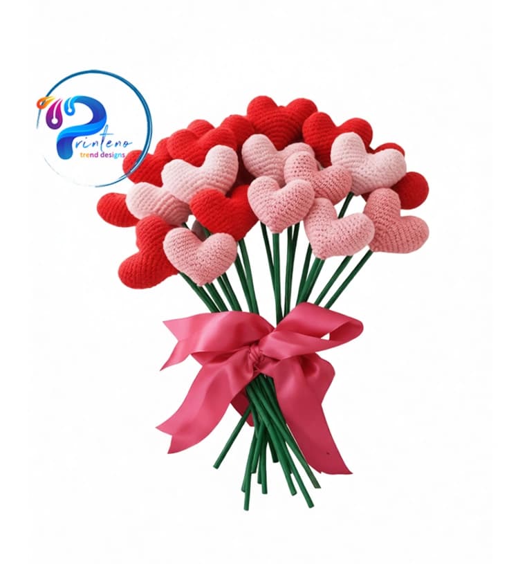 گل قلب بافتنی | شاخه‌ای انتخابی | قرمز و صورتی – Valentine Crochet Heart Bouquet