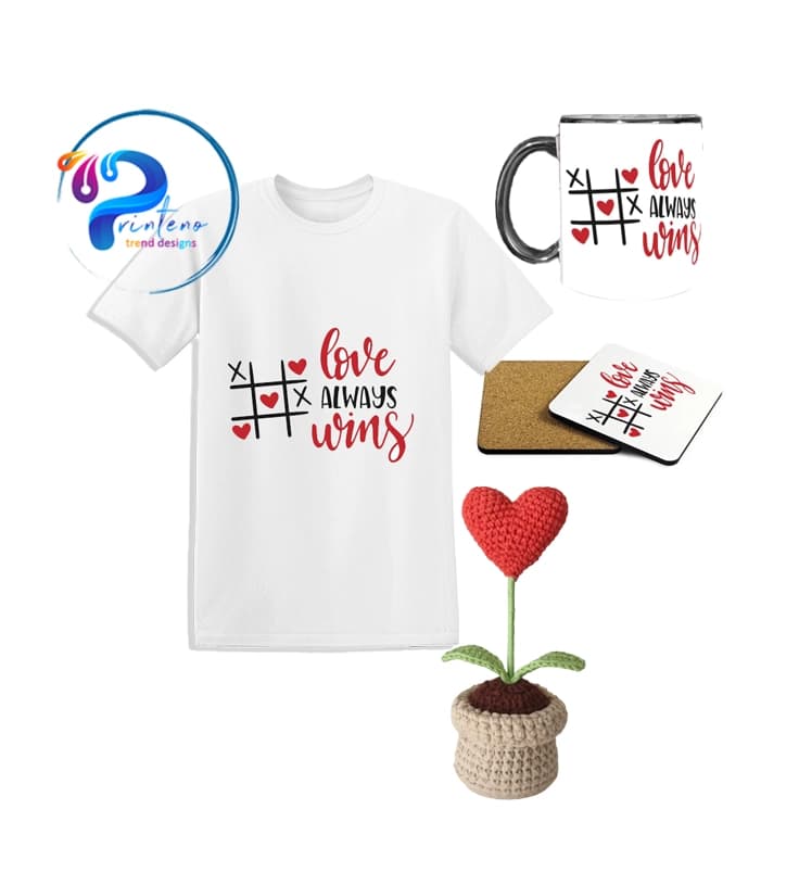 ست هدیه ولنتاین | تیشرت سفید + گلدون بافتنی + لیوان + زیر لیوان | Love Always Wins — تصویر ۲