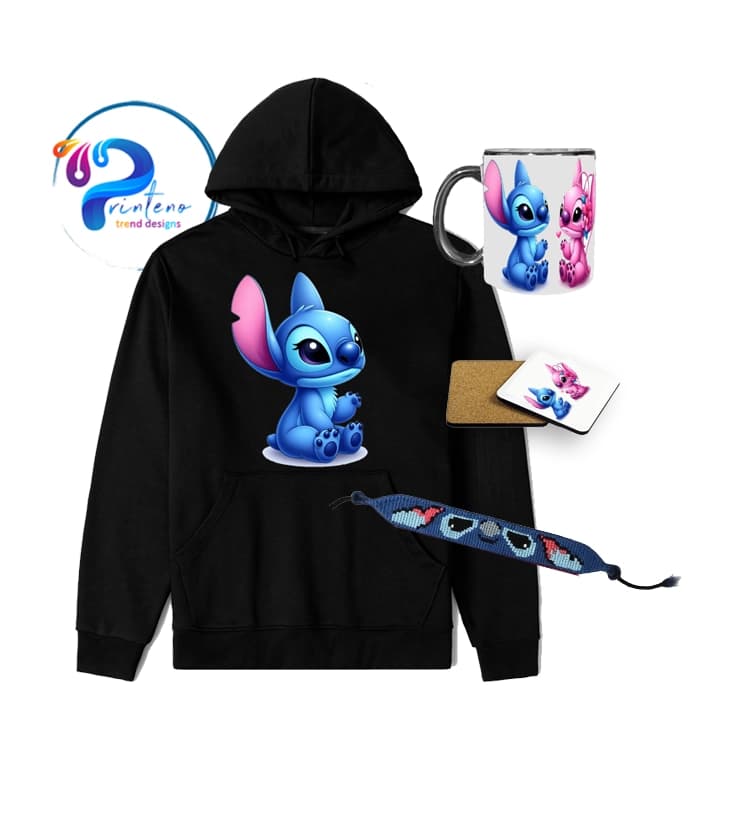 ست استیچ ترند | هودی آبی یا صورتی + لیوان + زیر لیوان + دستبند | Stitch Trend Set – Blue or Pink Hoodie — تصویر ۲