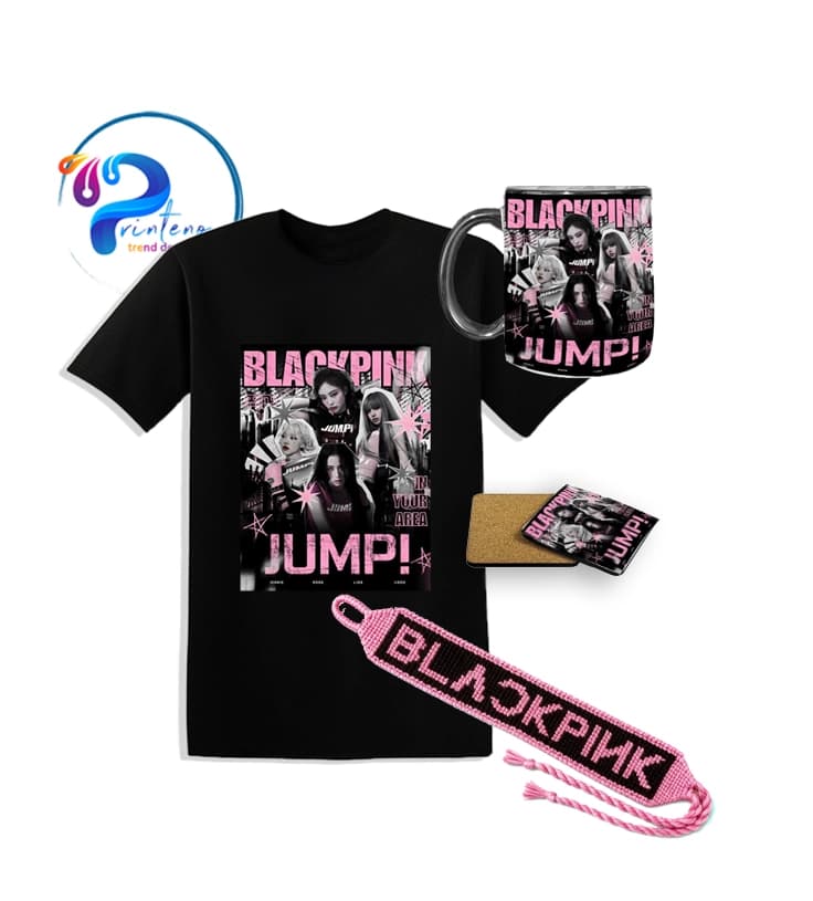 ست بلک پینک | BLACKPINK Set | تیشرت + لیوان + زیرلیوان + دستبند | طرح JUMP! | Printeno.ir
