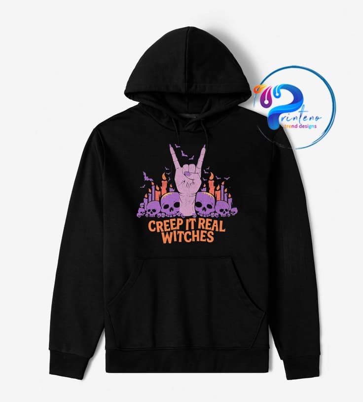 هودی هالووینی “Creep It Real Witches” | طرح جادوگر و جمجمه‌ها | هودی مشکی چاپ DTF | Printeno.ir — تصویر ۲