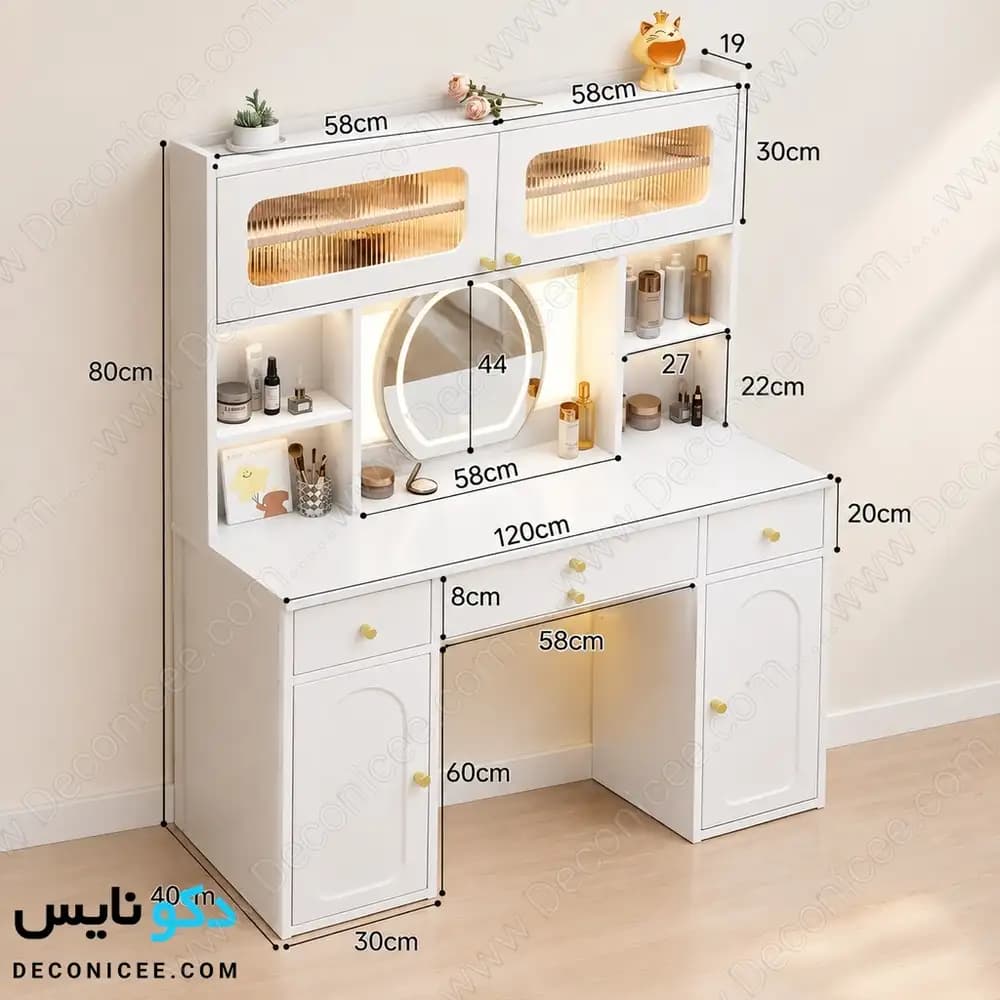 میز آرایش مدل ma142 دکونایس؛ میز گریم آینهدار با کشو و کمد — تصویر ۱۲