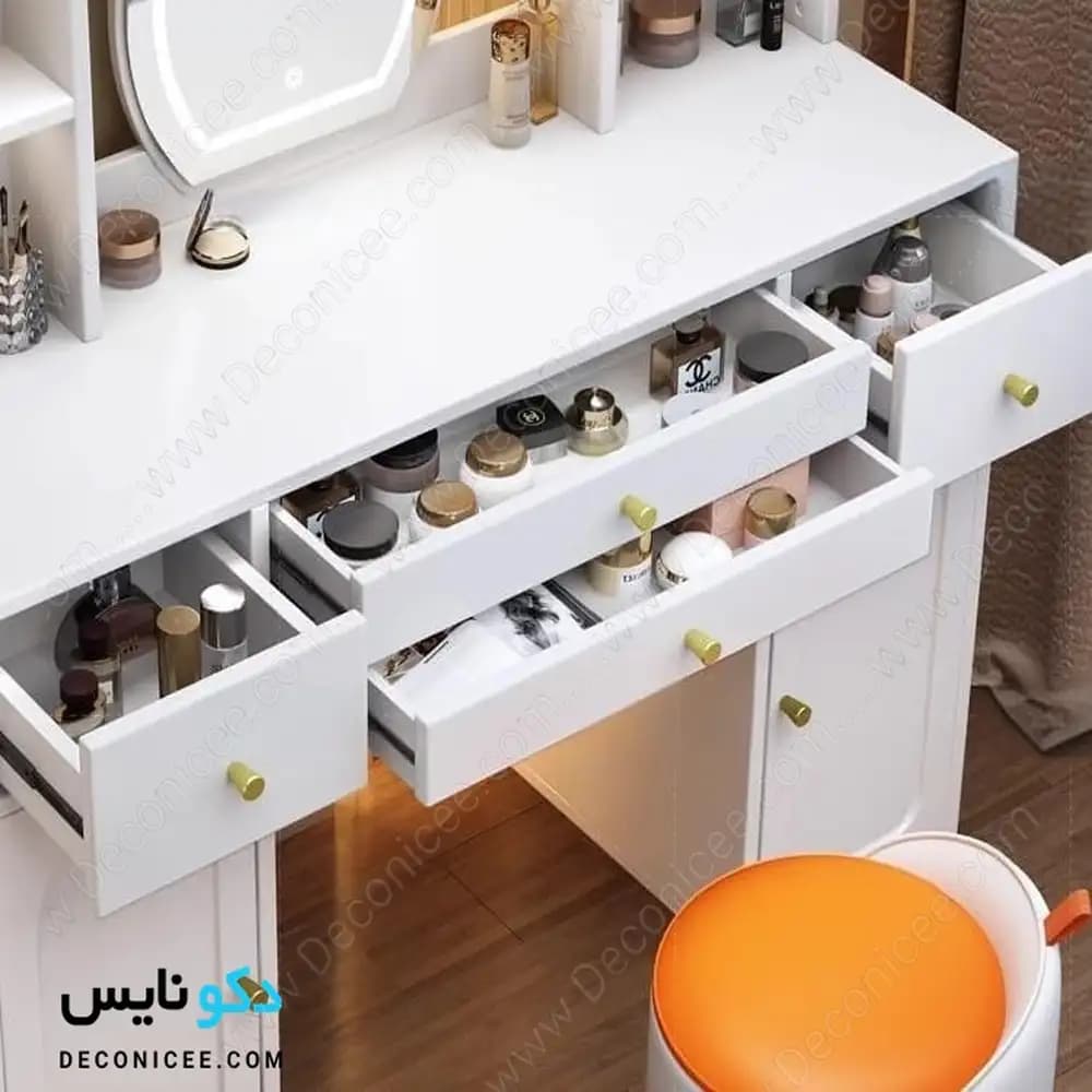 میز آرایش مدل ma142 دکونایس؛ میز گریم آینهدار با کشو و کمد — تصویر ۱۰