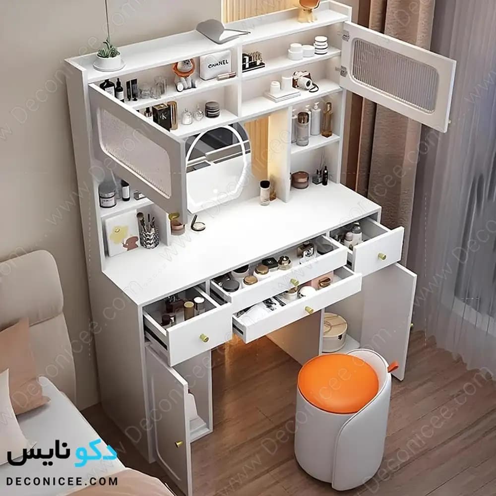 میز آرایش مدل ma142 دکونایس؛ میز گریم آینهدار با کشو و کمد — تصویر ۲