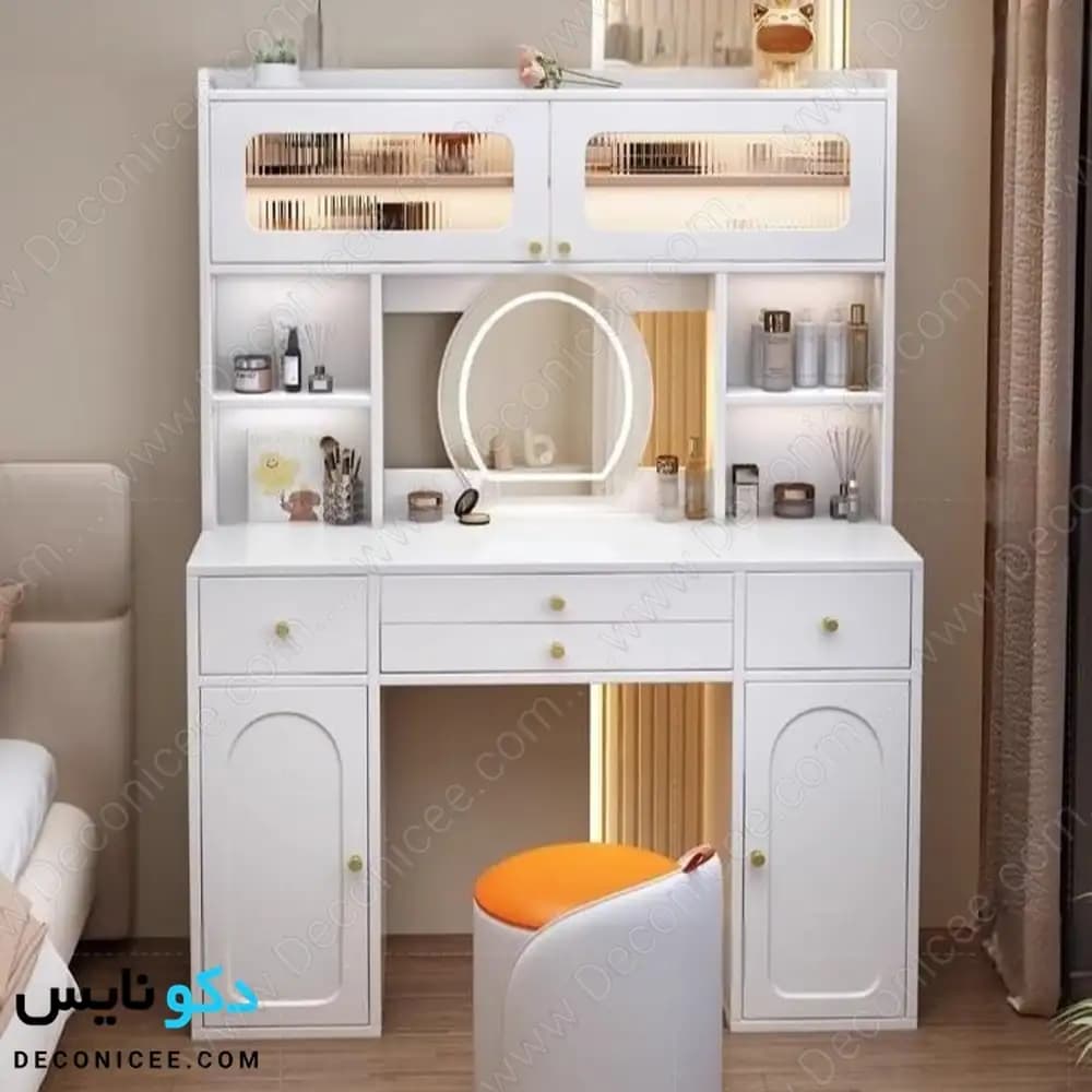 میز آرایش مدل ma142 دکونایس؛ میز گریم آینه‌دار با کشو و کمد