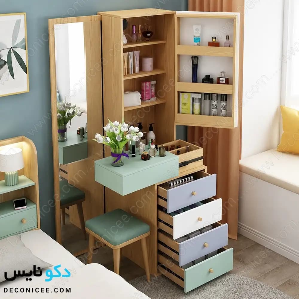 میز آرایش مدل ma139 دکونایس؛ میز آرایش آینه‌دار با کمد و چهار کشو — تصویر ۹