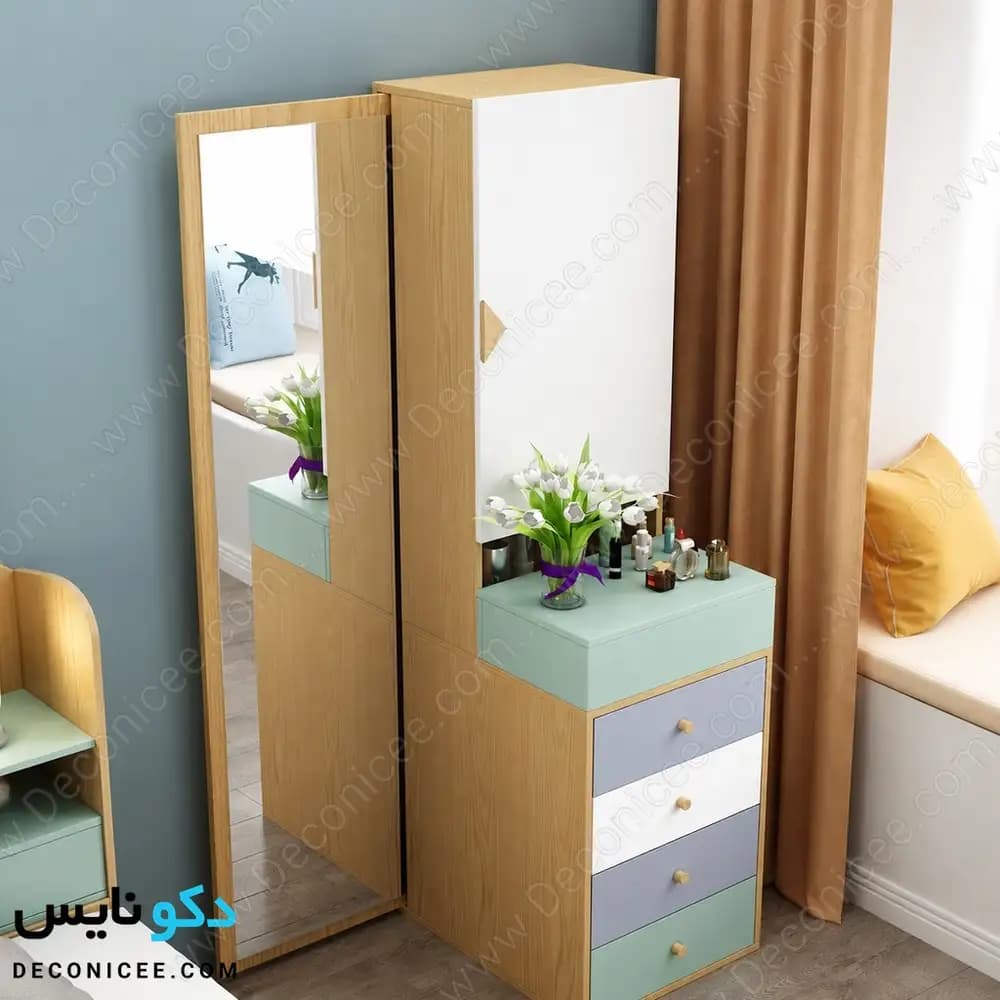 میز آرایش مدل ma139 دکونایس؛ میز آرایش آینه‌دار با کمد و چهار کشو — تصویر ۱۰