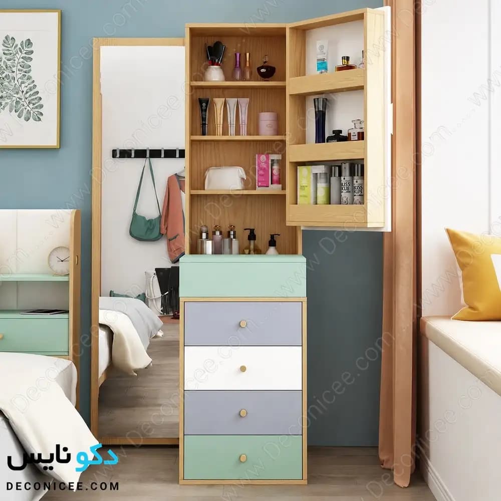 میز آرایش مدل ma139 دکونایس؛ میز آرایش آینه‌دار با کمد و چهار کشو — تصویر ۳