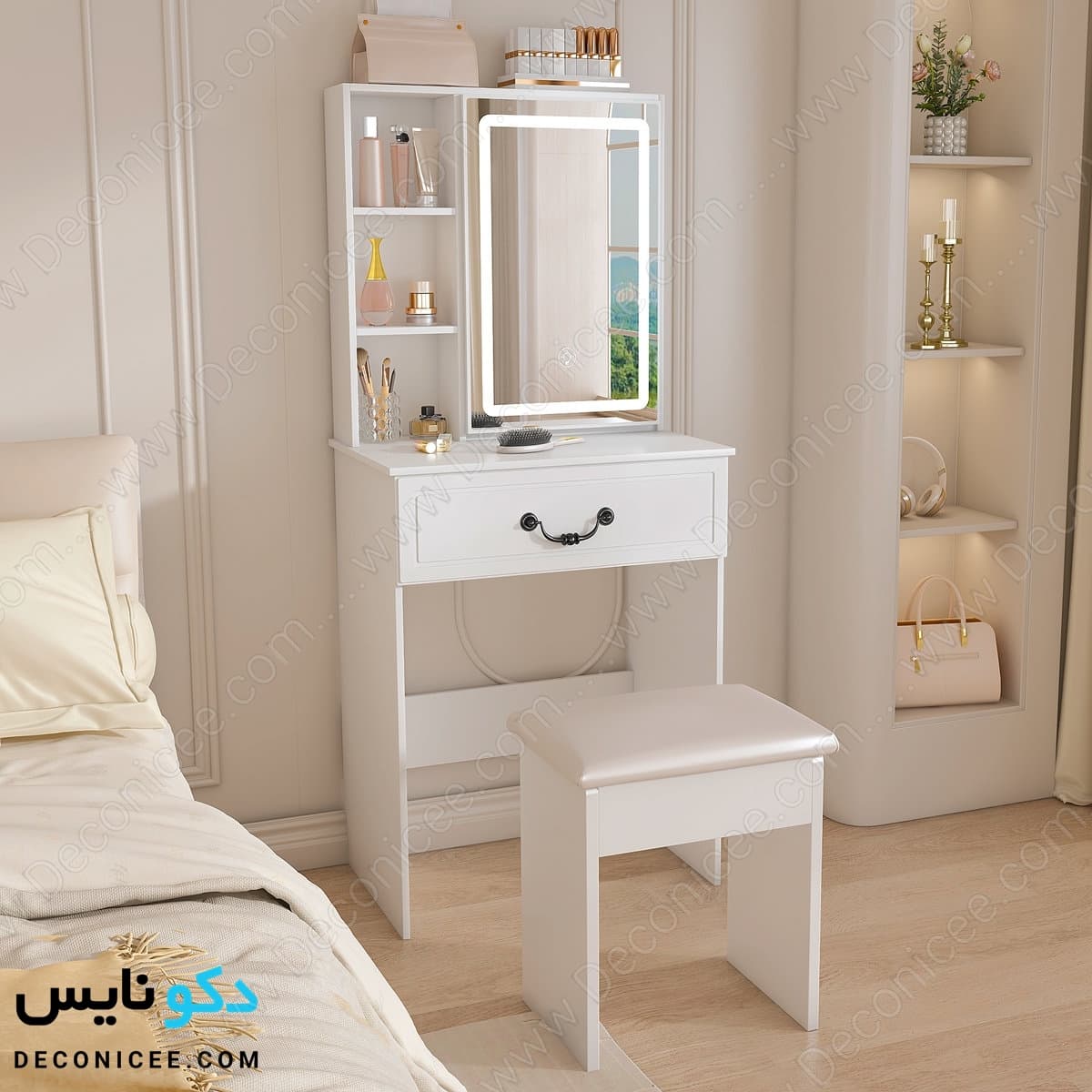 میز آرایش مدل MA132 دکونایس با آینه LED و صندلی — تصویر ۱۲