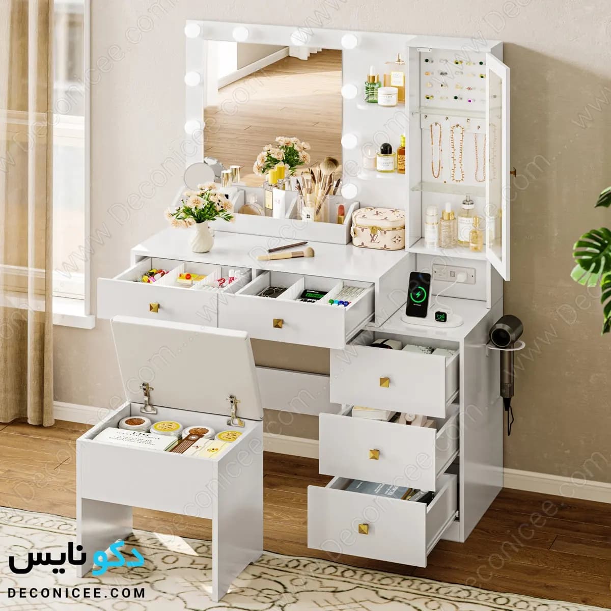 میز آرایش مدل MA125 دکونایس با آینه چراغ‌دار — تصویر ۱۰