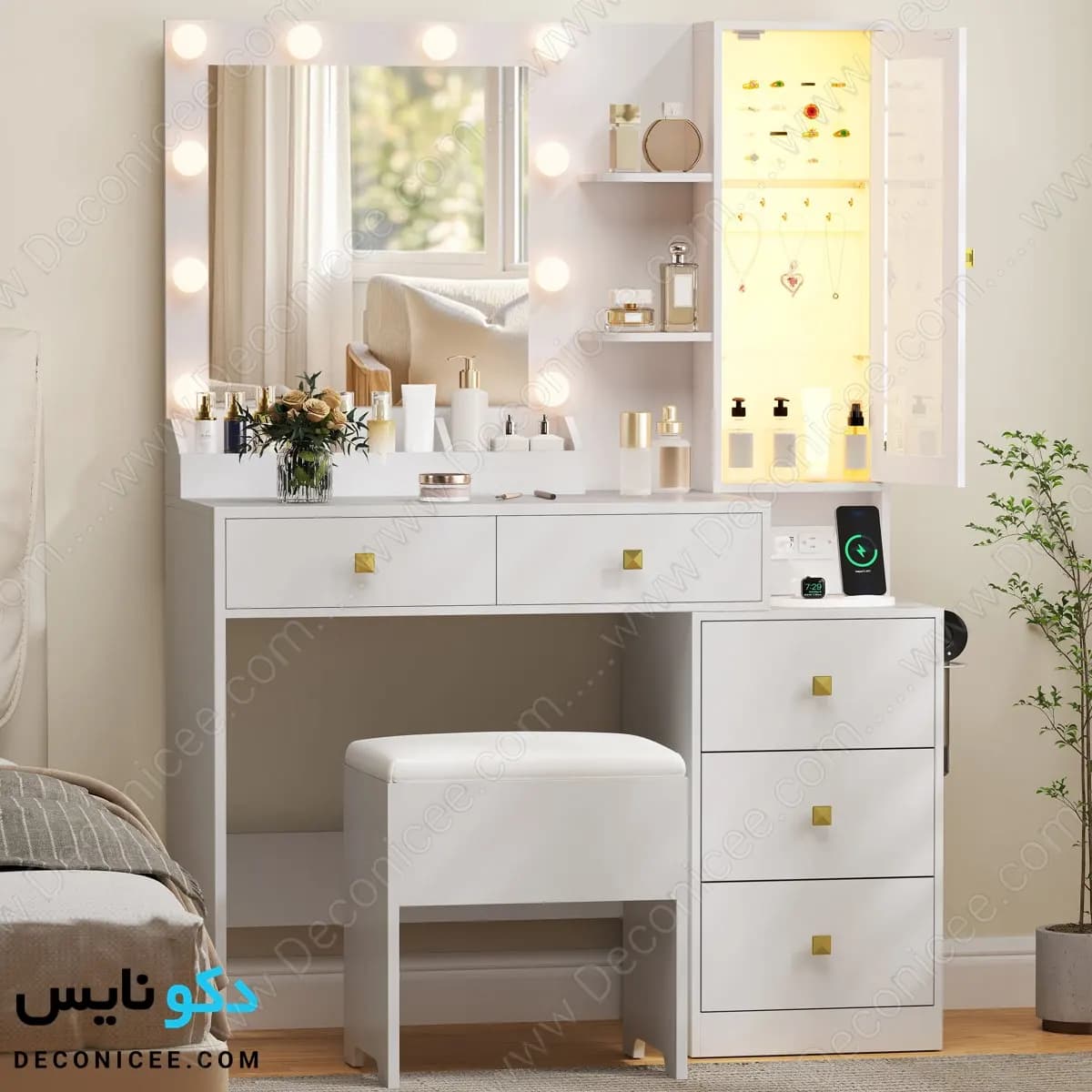 میز آرایش مدل MA125 دکونایس با آینه چراغ‌دار — تصویر ۳