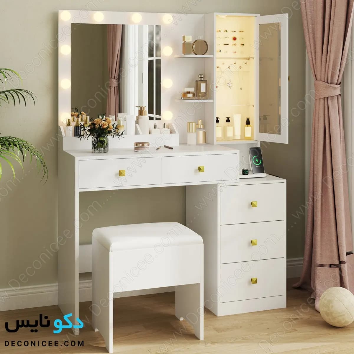 میز آرایش مدل MA125 دکونایس با آینه چراغ‌دار — تصویر ۴