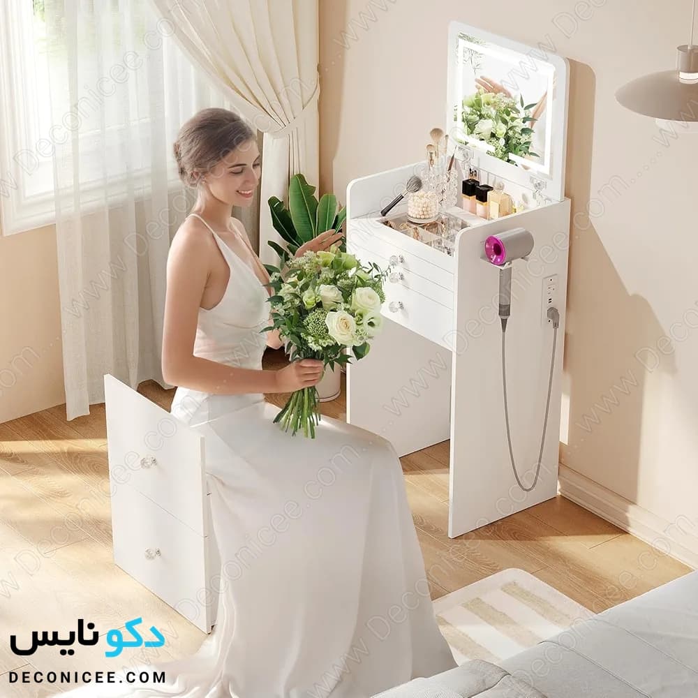 میز آرایش مدل MA117 دکونایس جمع شو با آینه LED — تصویر ۱۰