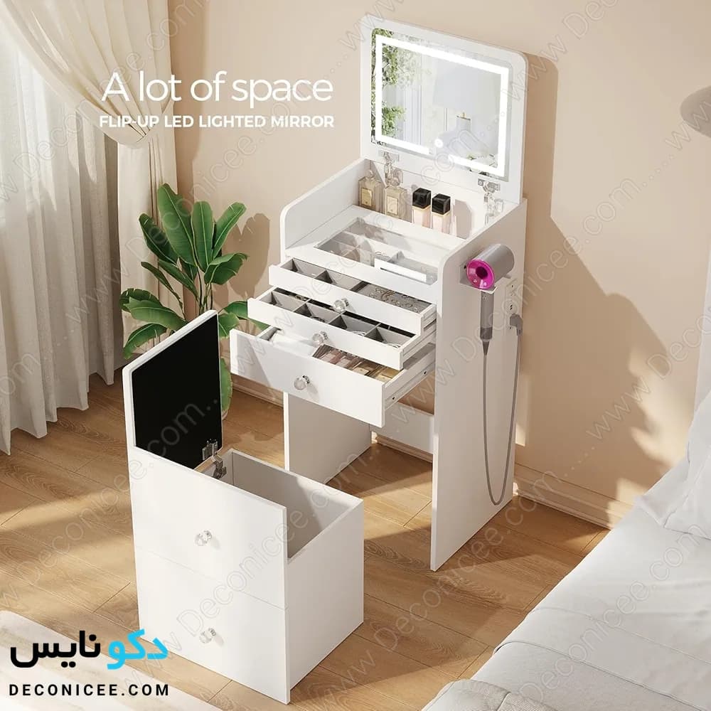 میز آرایش مدل MA117 دکونایس جمع شو با آینه LED — تصویر ۸