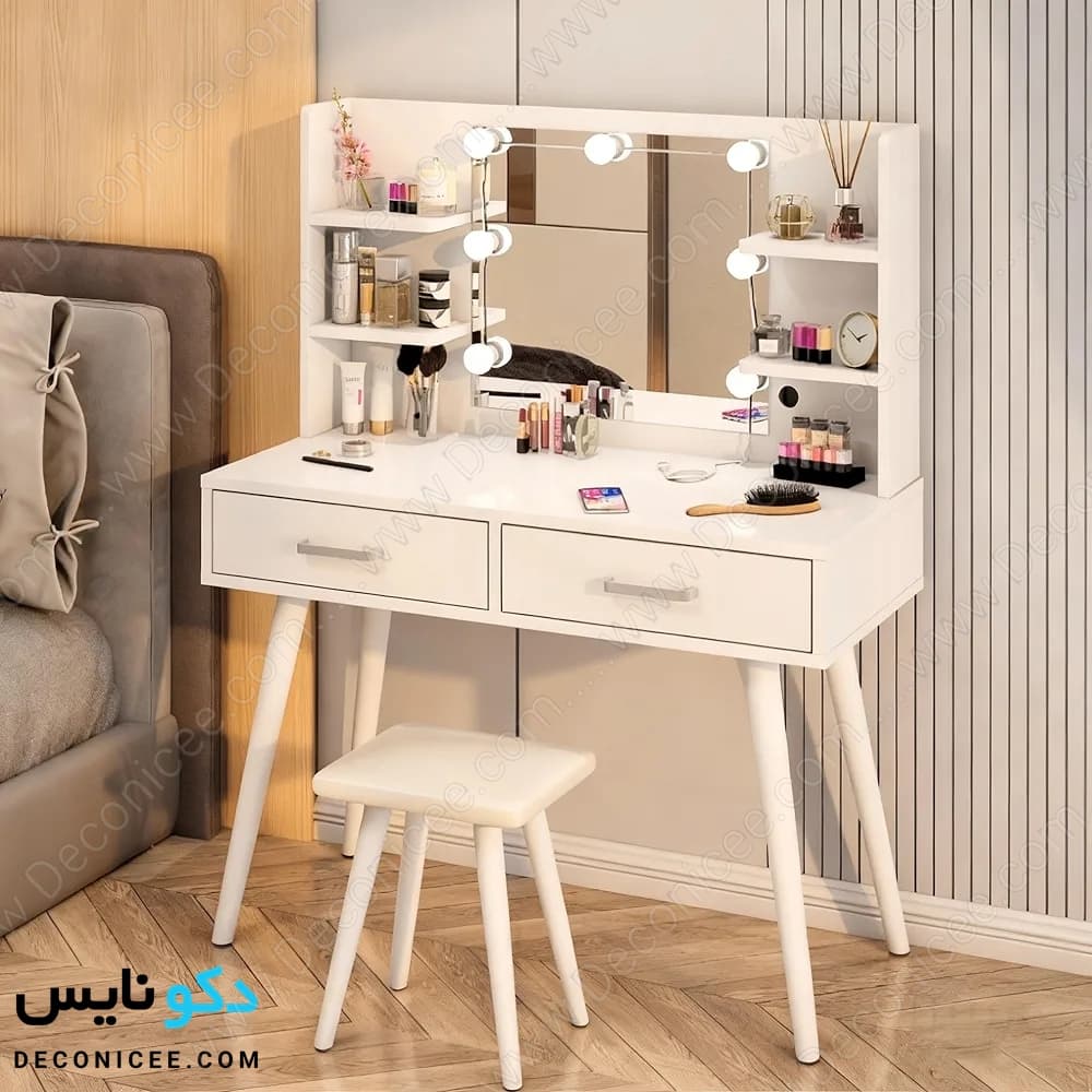 میز آرایش MDF مدل MA113 دکونایس با آینه چراغ‌دار و شلف‌های کناری — تصویر ۸