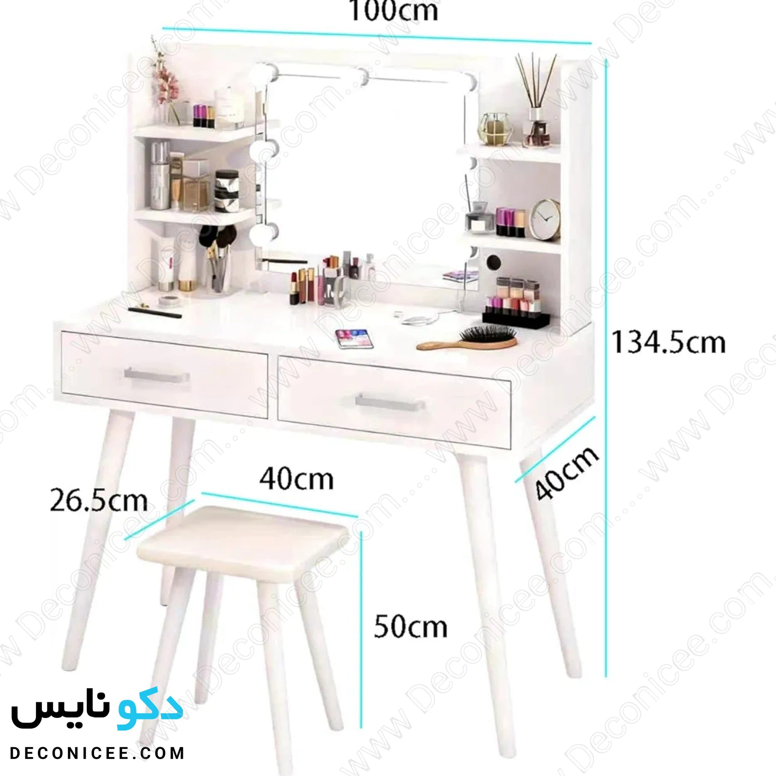 میز آرایش MDF مدل MA113 دکونایس با آینه چراغ‌دار و شلف‌های کناری — تصویر ۱۰