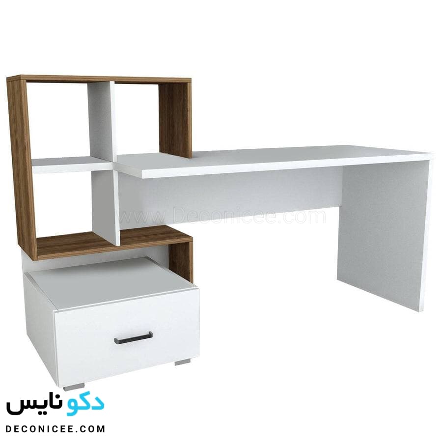 میز تحریر و کتابخانه مدرن مدل MT139 (طراحی ال شکل با کشو) دکونایس — تصویر ۴