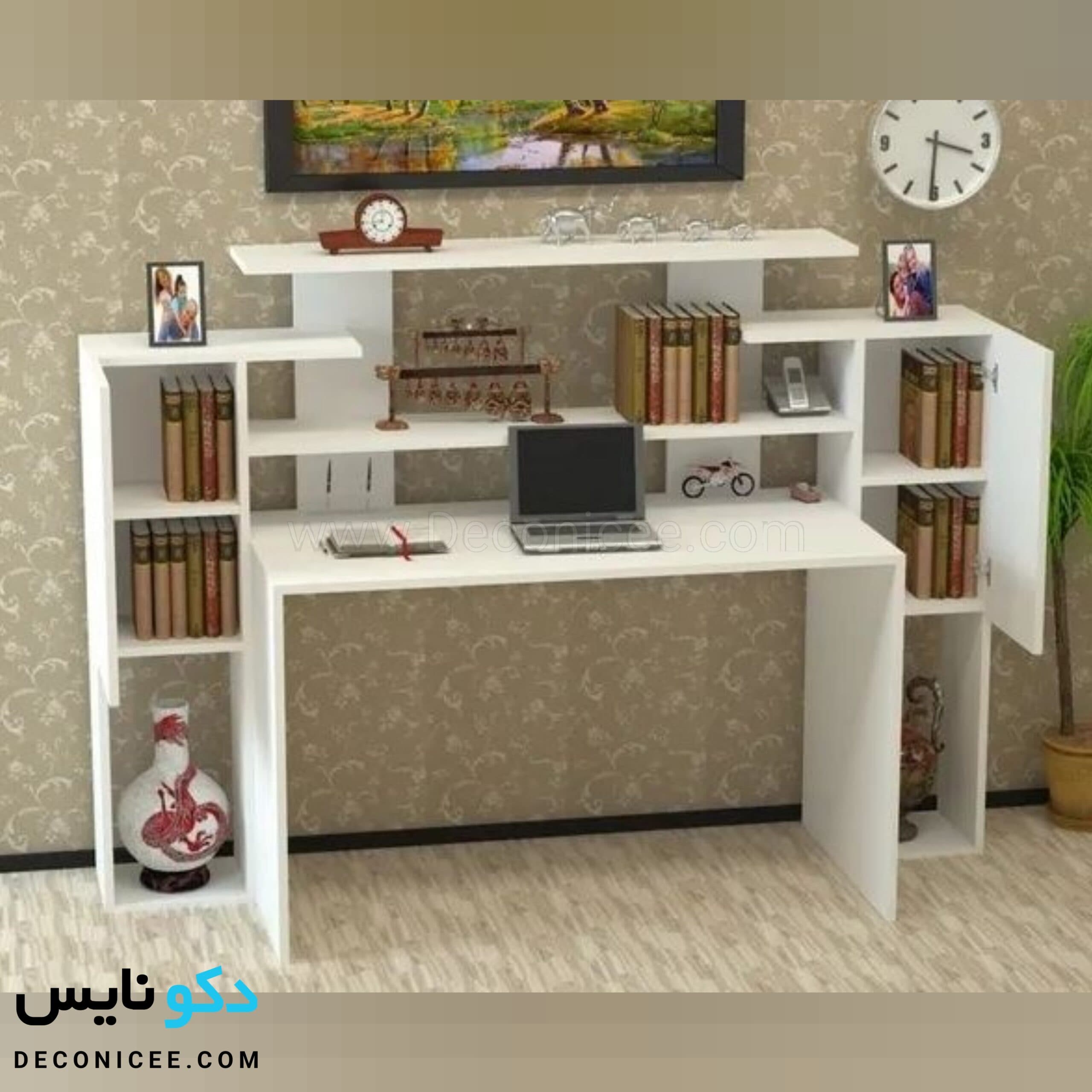 میز تحریر و کتابخانه مدل MT118 (سفید و طرح چوب) دکونایس — تصویر ۲