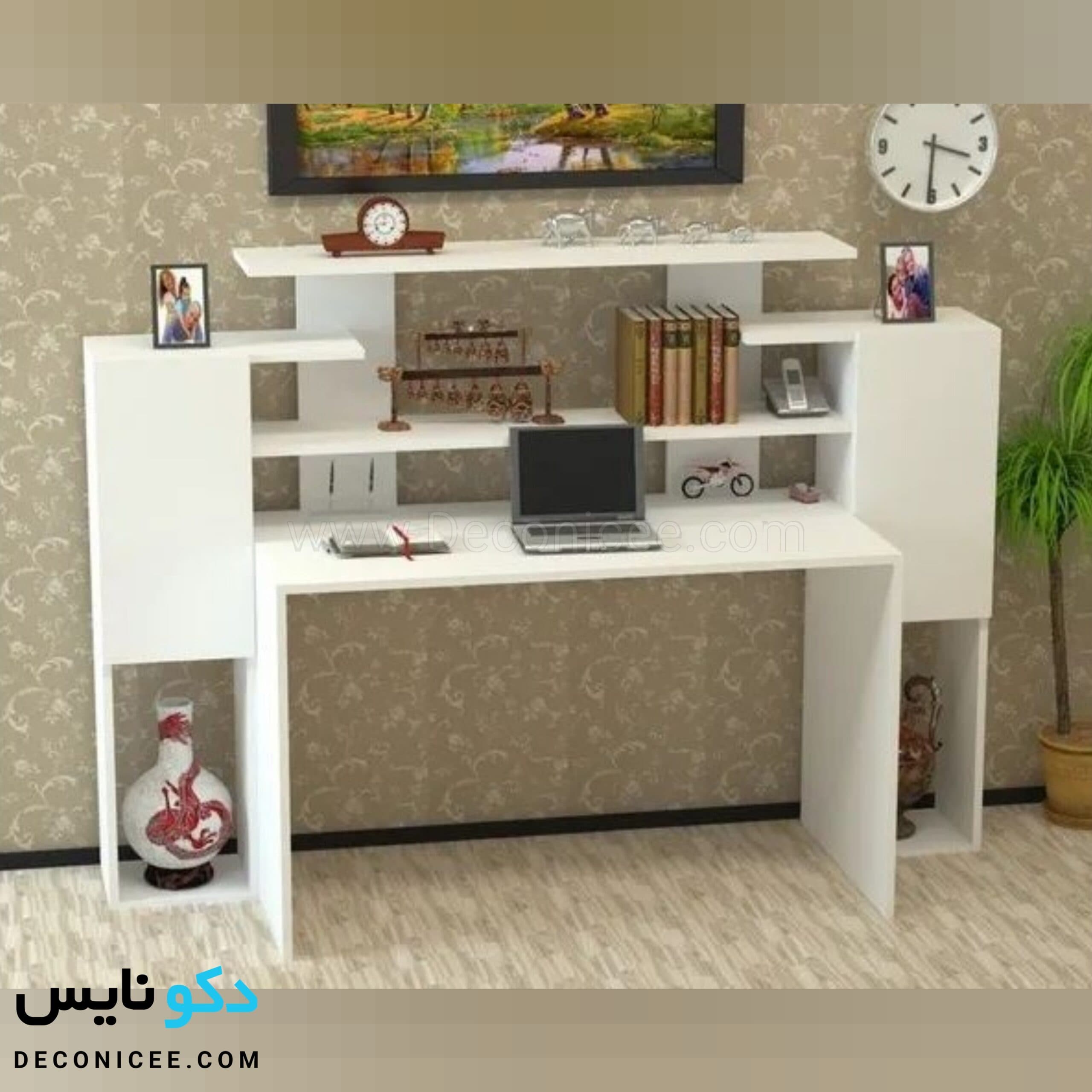میز تحریر و کتابخانه مدل MT118 (سفید و طرح چوب) دکونایس