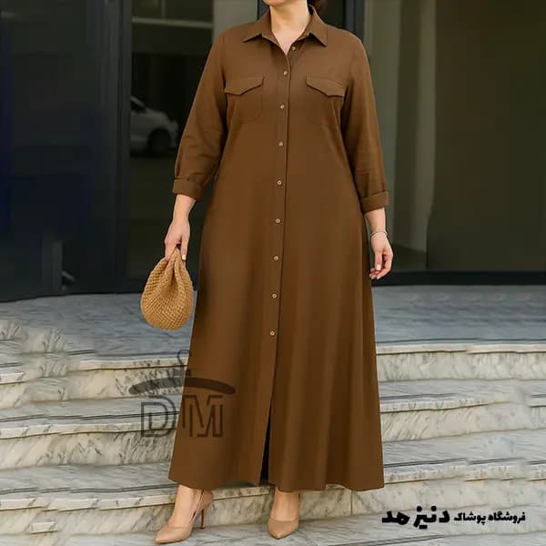 کفتان زنانه قهوه ای از جنس ابروبادی – مدل دکمه دار با جیب نما — تصویر ۳