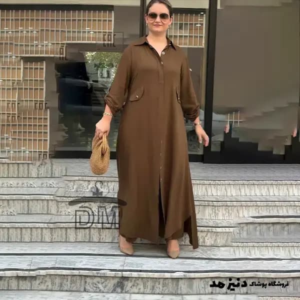 کفتان زنانه قهوه ای از جنس ابروبادی – مدل دکمه دار با جیب نما — تصویر ۲