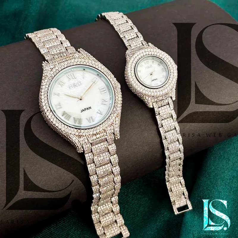 ست ساعت نقره عروس و داماد مجلسی | مدل فول نگین کد SL32 — تصویر ۳