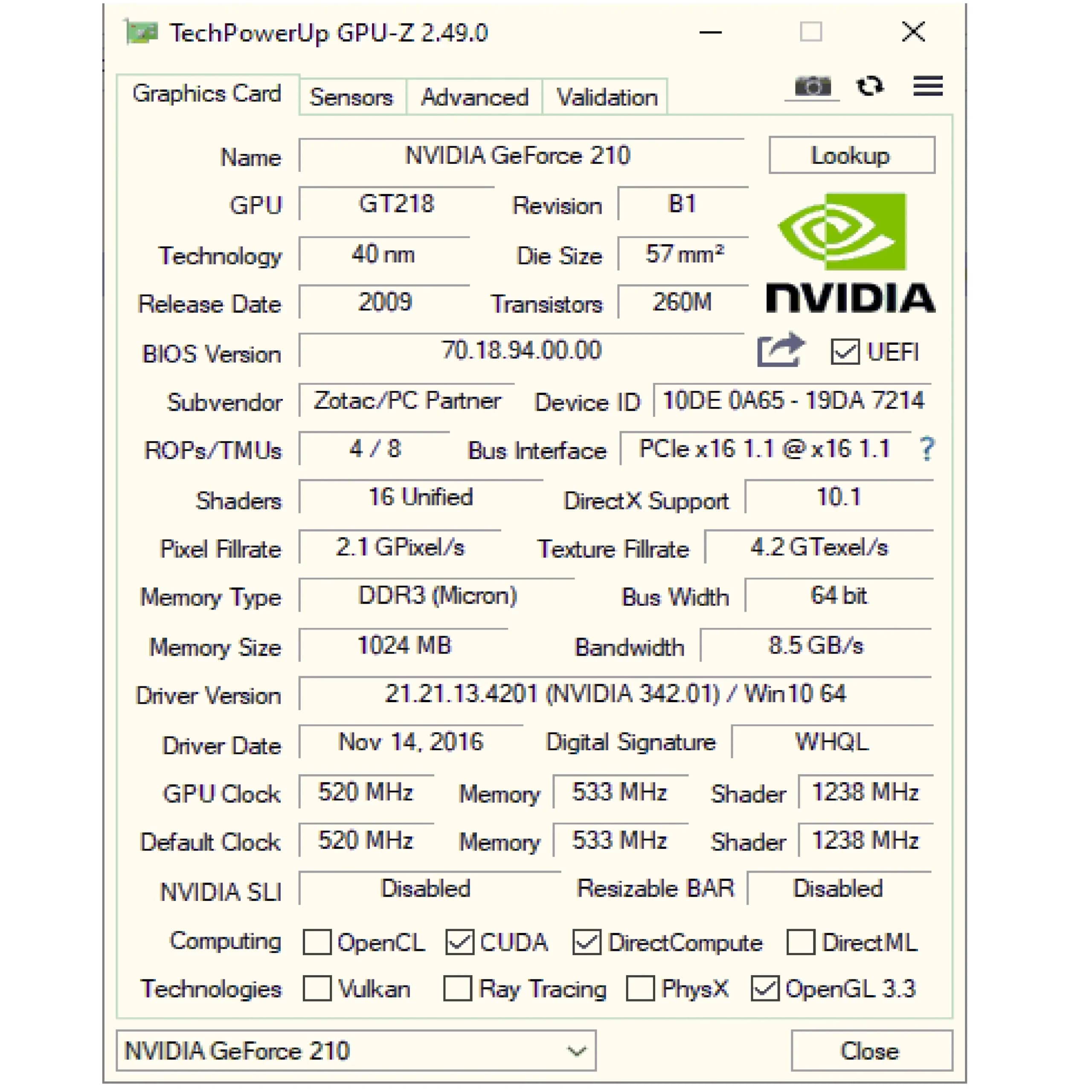 کارت گرافیک 1GB Zotac مدل 210 Nvidia Geforce (استوک) — تصویر ۴