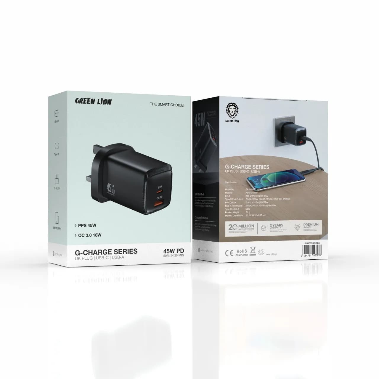 شارژر دیواری ۴۵ وات گرین لاین G-Charge Series Dual Port 45w