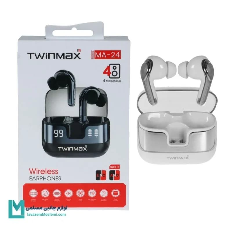 هندزفری بی سیم TwinMax مدل MA-24 ANC – نقره ای کد EV1054 | لوازم جانبی مسلمی
