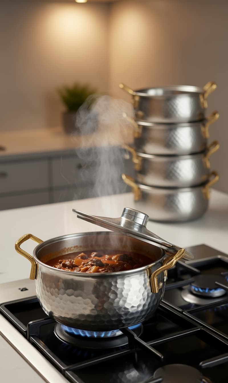 قابلمه ۴ عددی روحی چکشی دسته طلایی – جنس سنگین و ضخیم | سایزهای ۱۴، ۱۶، ۱۸، ۲۰ سانت | کیفیت عالی