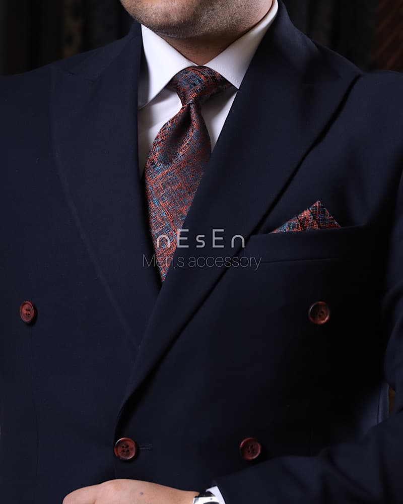 کراوات و دستمال جیب مردانه NESEN | طرح پتینه آجری T248