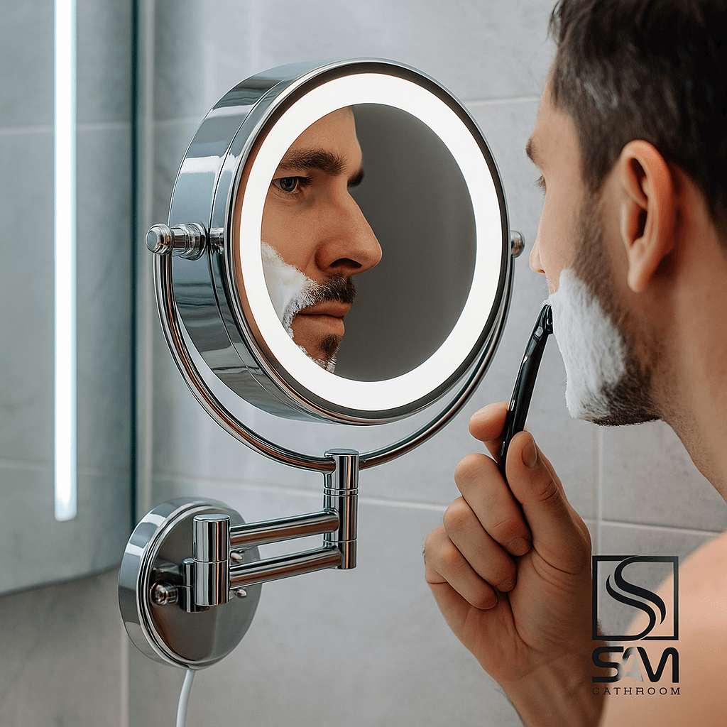 اینه اصلاح دیواری چراغ‌دار استیل کروم — تصویر ۴
