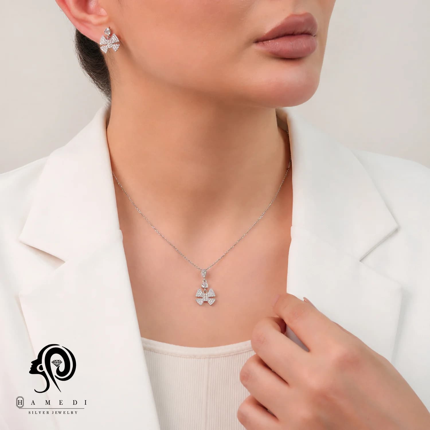 نیم ست نقره زنانه پاپیون مدل NI J13 — تصویر ۲