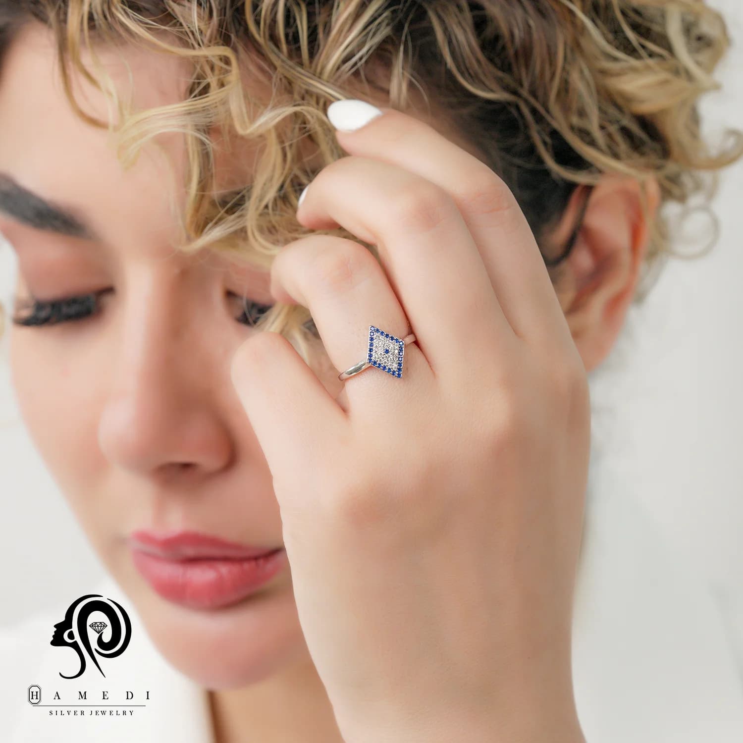 انگشتر نقره زنانه نگین دار لوزی مدل RIH B17 — تصویر ۲