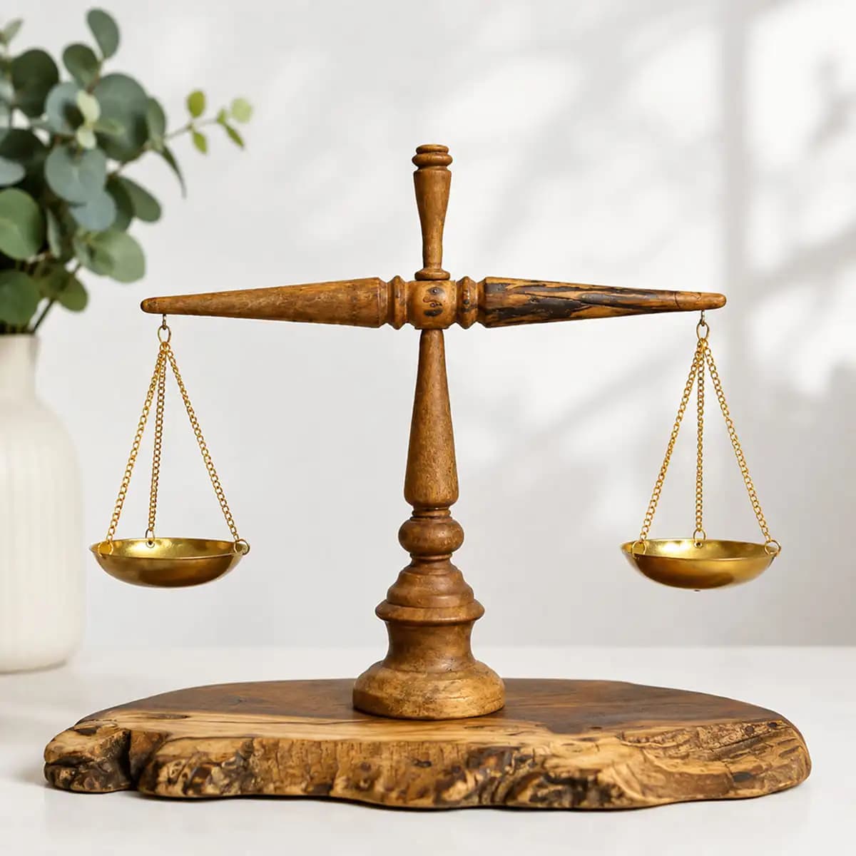 ترازوی عدالت طرح چوب با کفه برنجی