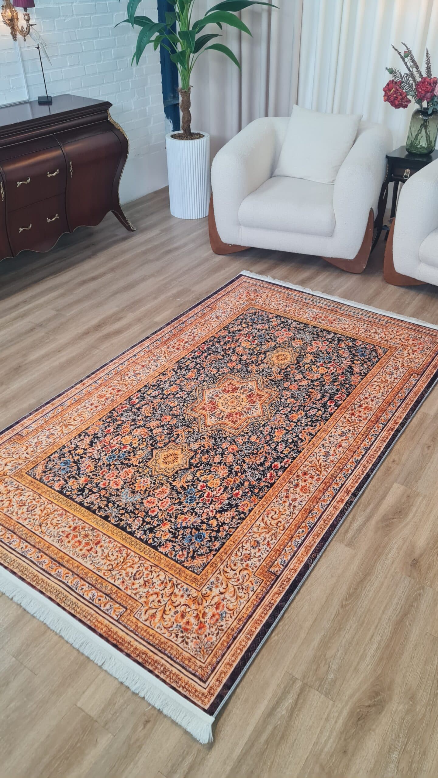 فرش ماشینی چاپی | فرشینه مخمل هازان ترک استپ دار (ضد سر) طرح سنتی کد U76 — تصویر ۷
