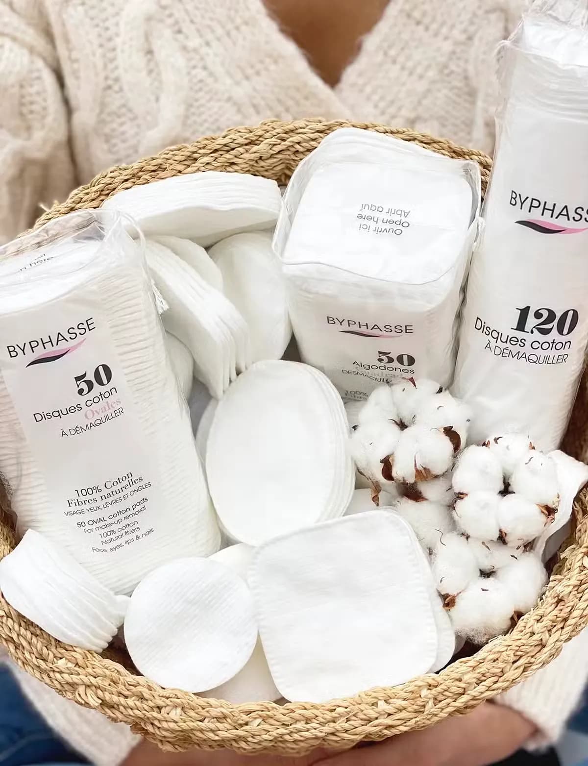 پد 50 عددی مربعی آرایش پاک کن 100% پنبه خالص cotton بایفاس Byphasse (اصلی) — تصویر ۴