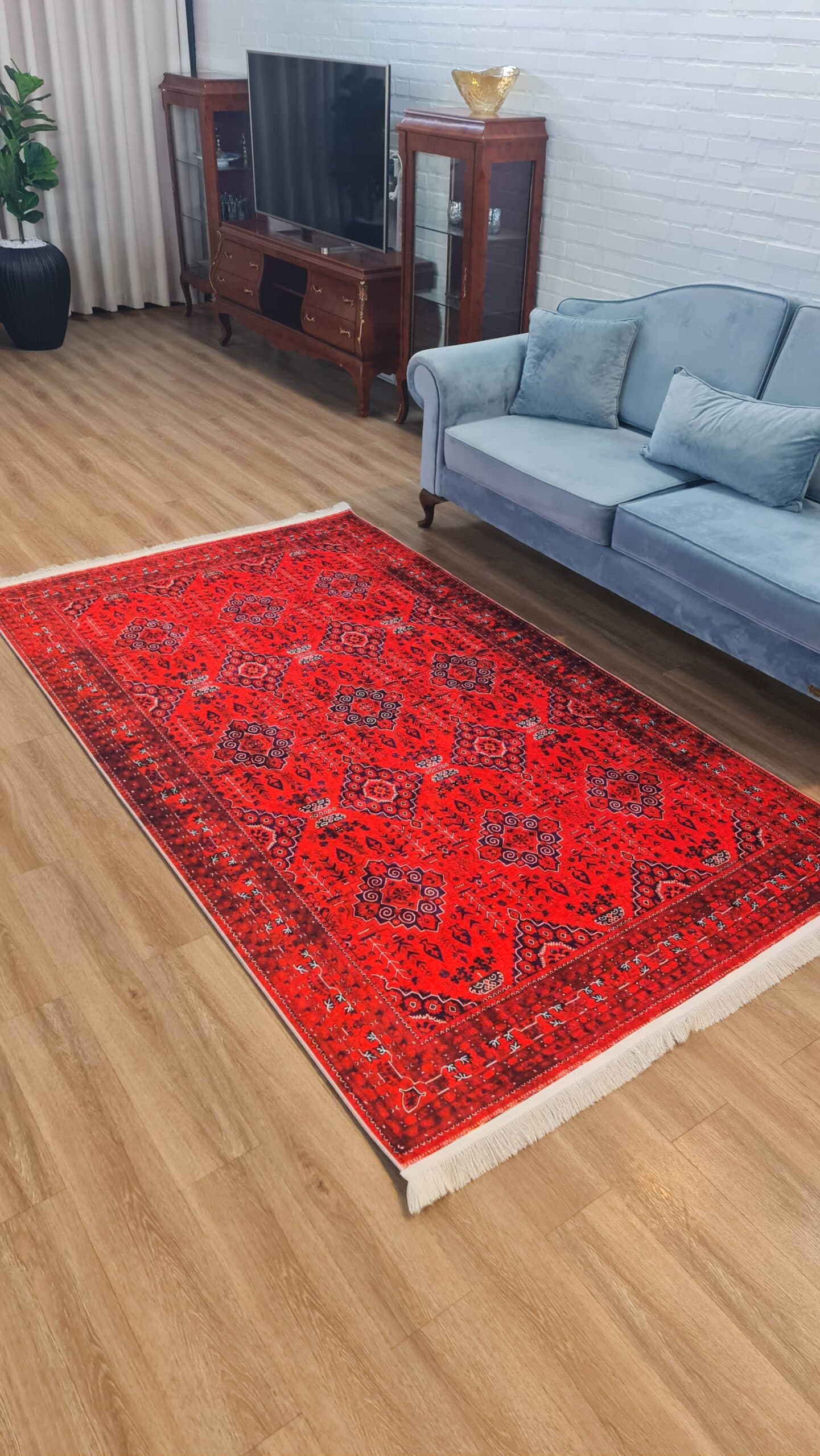 فرش ماشینی چاپی | فرشینه مخمل هازان ترک استپ دار (ضد سر) طرح سنتی کد U109 — تصویر ۹