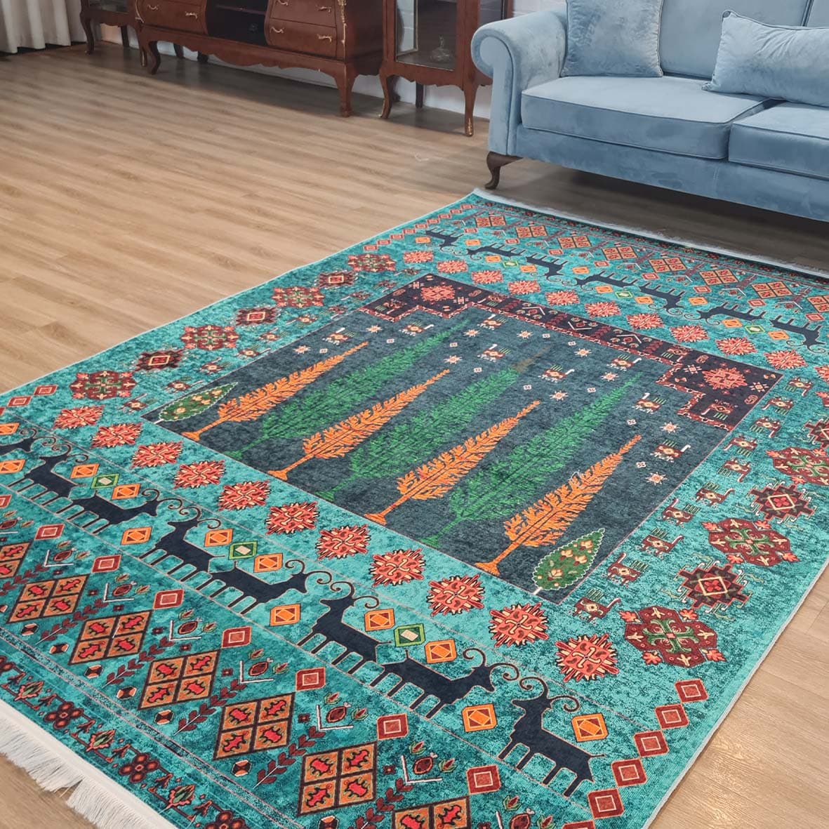 فرش ماشینی چاپی | فرشینه مخمل هازان ترک استپ دار (ضد سر) طرح سنتی کد L289 — تصویر ۸
