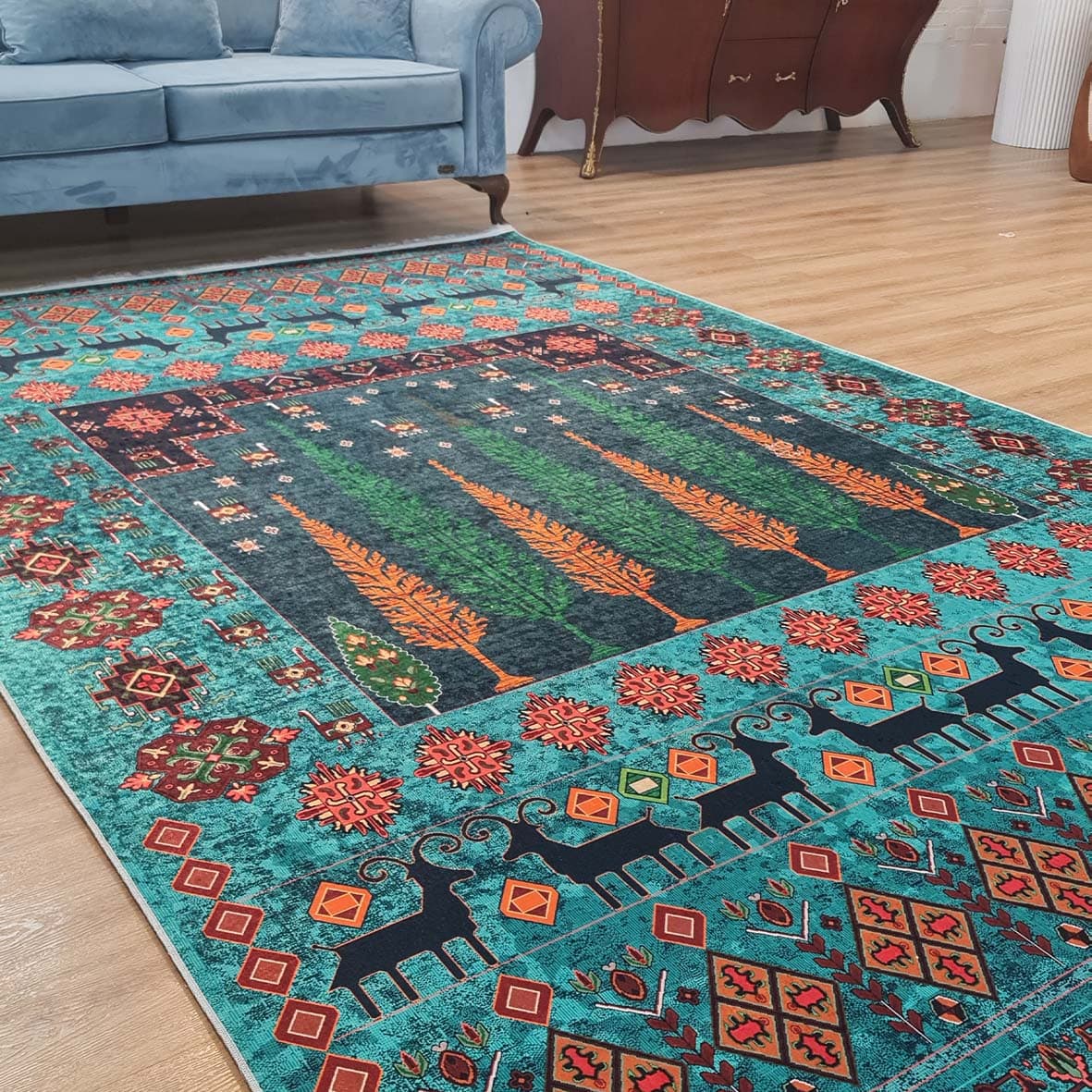 فرش ماشینی چاپی | فرشینه مخمل هازان ترک استپ دار (ضد سر) طرح سنتی کد L289 — تصویر ۲