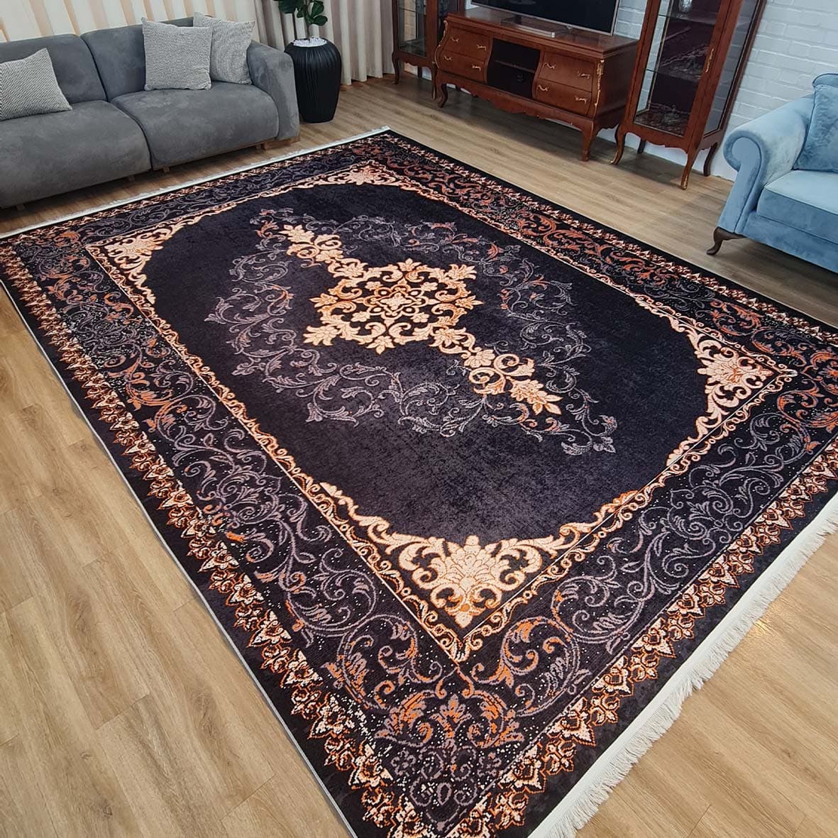 فرش ماشینی چاپی | فرشینه مخمل هازان ترک استپ دار (ضد سر) طرح سنتی کد L483 — تصویر ۵