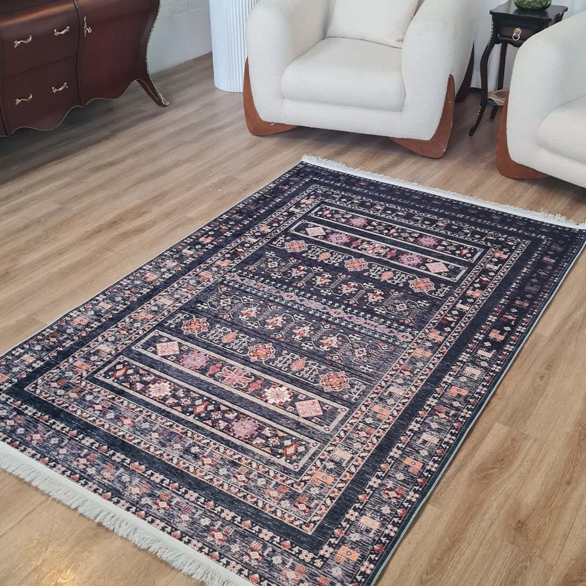 فرش ماشینی چاپی | فرشینه مخمل هازان ترک استپ دار (ضد سر) طرح سنتی کد L283