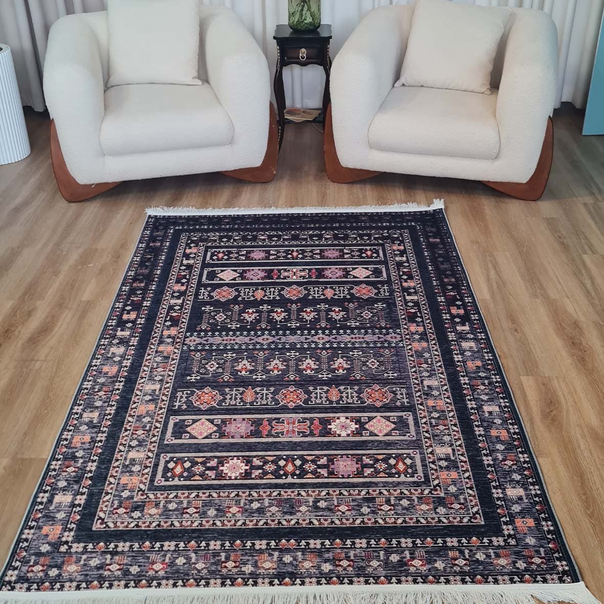 فرش ماشینی چاپی | فرشینه مخمل هازان ترک استپ دار (ضد سر) طرح سنتی کد L283 — تصویر ۲