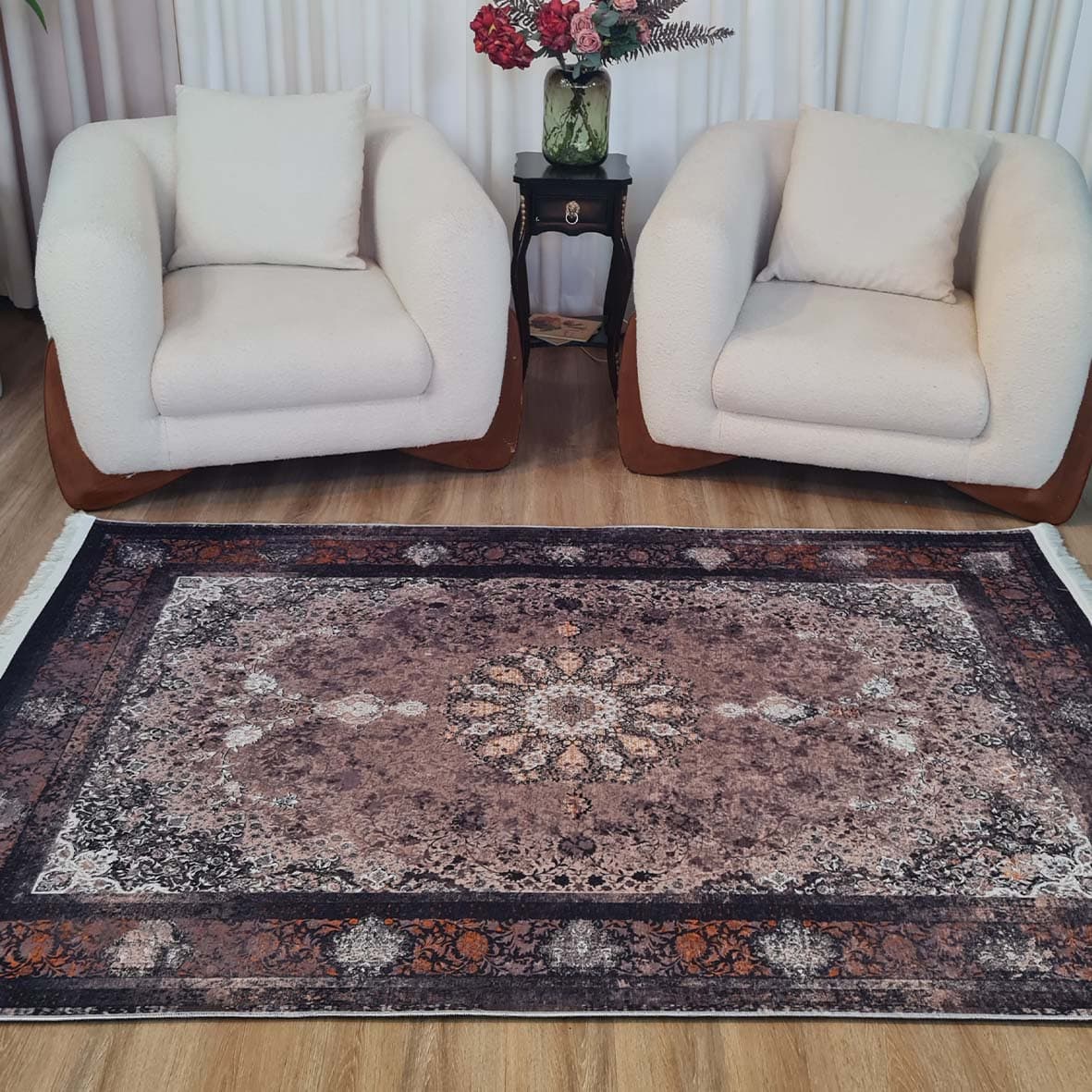 فرش ماشینی چاپی | فرشینه مخمل هازان ترک استپ دار (ضد سر) طرح سنتی کد L521 — تصویر ۷