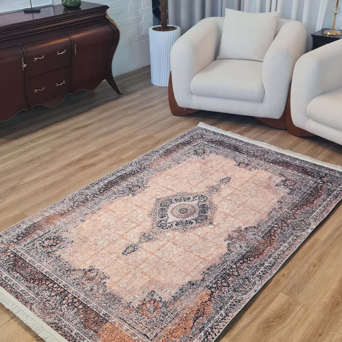 فرش ماشینی چاپی | فرشینه مخمل هازان ترک استپ دار (ضد سر) طرح سنتی کد L370 — تصویر ۱۱