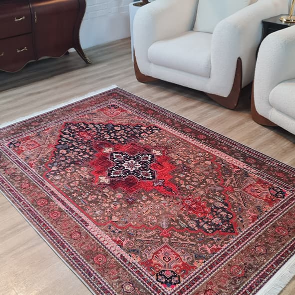 فرش ماشینی چاپی | فرشینه مخمل هازان ترک استپ دار (ضد سر) طرح سنتی جدید — تصویر ۸
