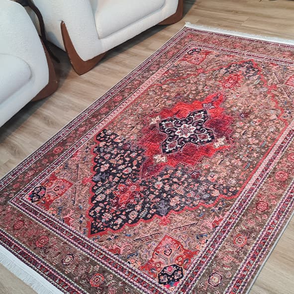 فرش ماشینی چاپی | فرشینه مخمل هازان ترک استپ دار (ضد سر) طرح سنتی جدید — تصویر ۶