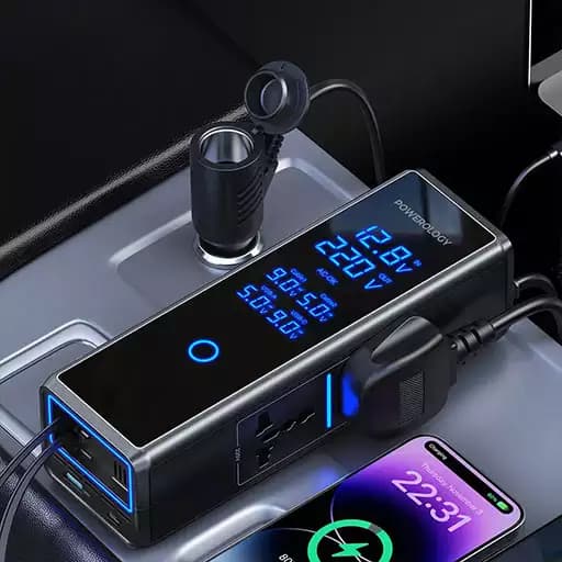 اینورتر فندکی خودرو 300 واتی پاورولوژی با صفحه نمایش و کابل جمع شونده مدل PWCPI300W – (کالا نو – بدون جعبه ) — تصویر ۳